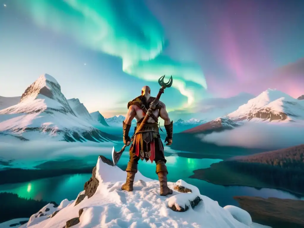 Kratos, de God of War, en cima nevada bajo la Aurora Boreal