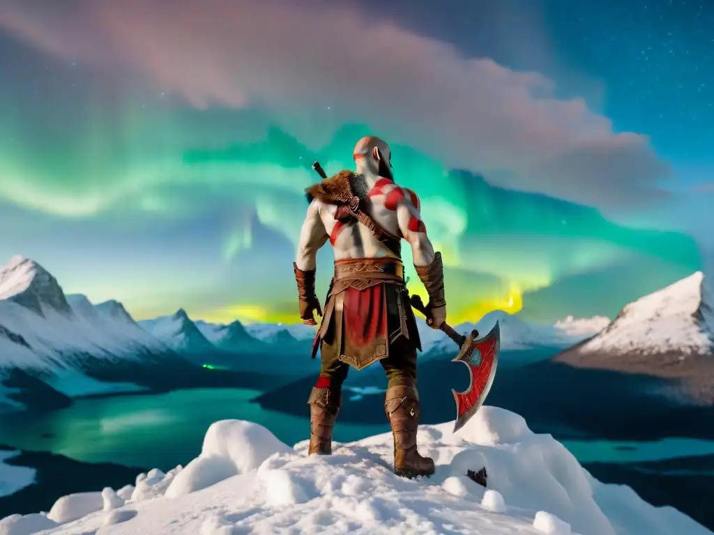 Kratos, de God of War, en la cima nevada con la aurora boreal