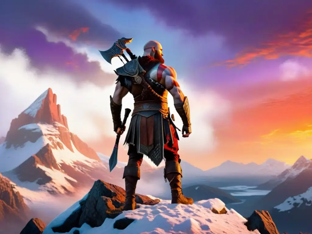 Kratos en la cumbre nevada al atardecer, refleja la mitología nórdica en God of War