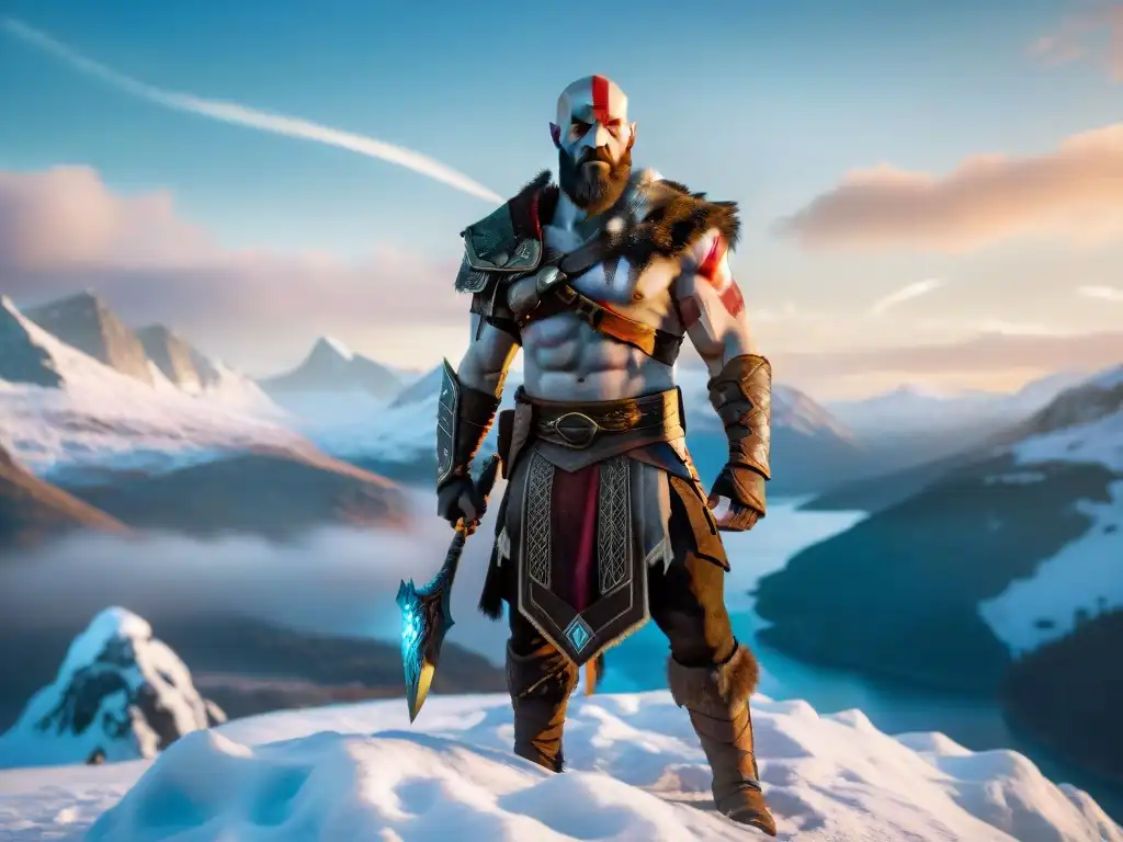 Kratos, de 'God of War', en la cumbre nevada con sus icónicas Espadas del Caos brillando