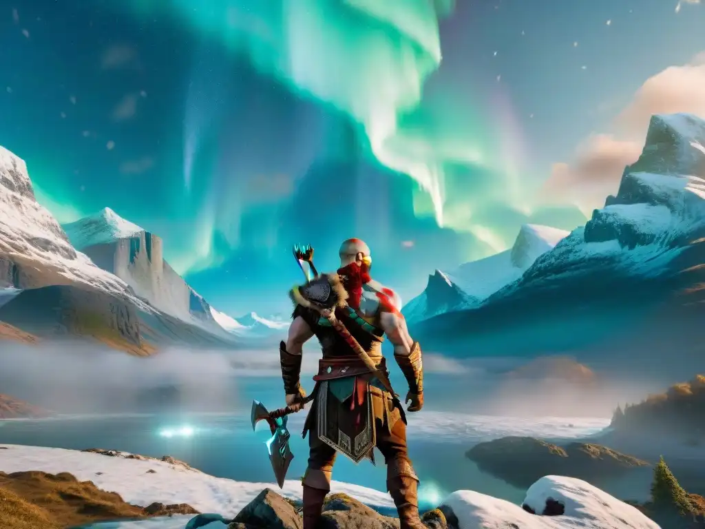 Kratos, dios de la guerra, en un paisaje épico de la mitología nórdica reimaginada análisis, con montañas heladas y auroras boreales