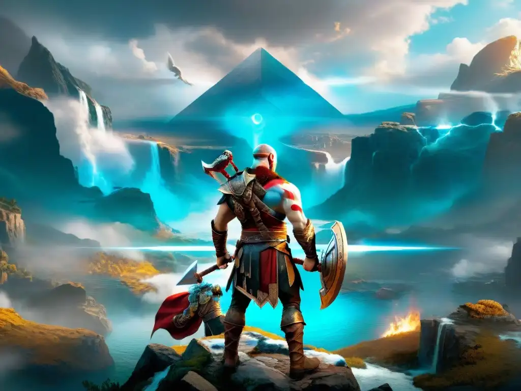 Kratos en la encrucijada de dos mundos: la vibrante cúspide de Monte Olimpo y el gélido reino de Asgard con dioses como Zeus, Odín y Athena