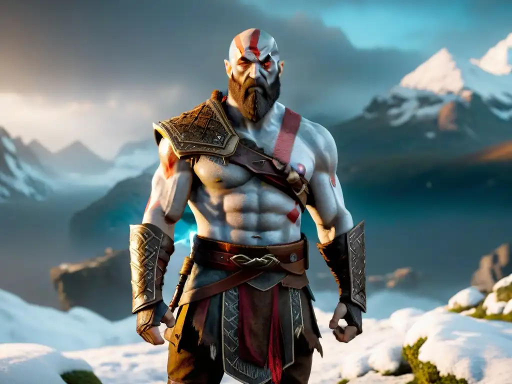 Kratos, de God of War, imponente en la mitología nórdica, con la Leviatán y montañas nevadas