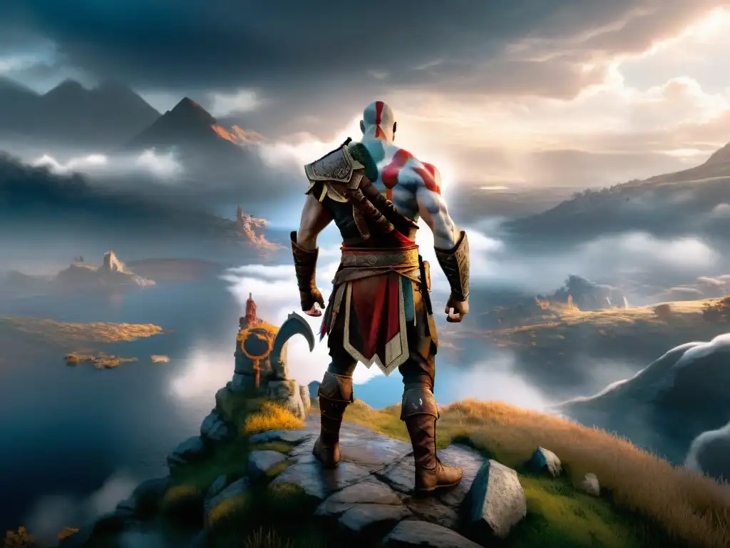 Kratos, de God of War, en un paisaje majestuoso de mitología griega y nórdica