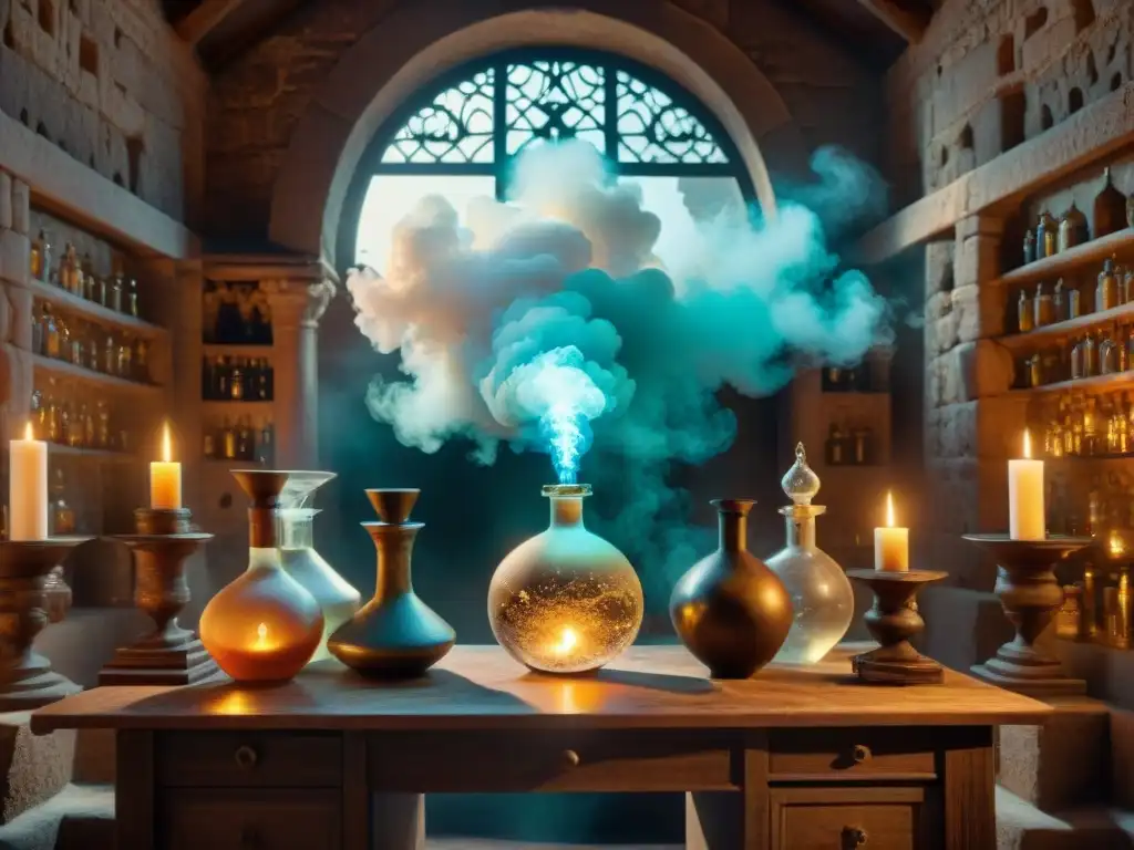 Un laboratorio alquímico antiguo envuelto en misterio, con símbolos y pociones, reflejando la búsqueda eterna de la alquimia