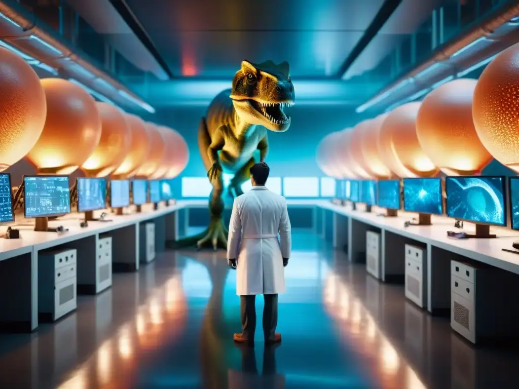 Un laboratorio de alta tecnología con científicos y un huevo de dinosaurio a punto de eclosionar