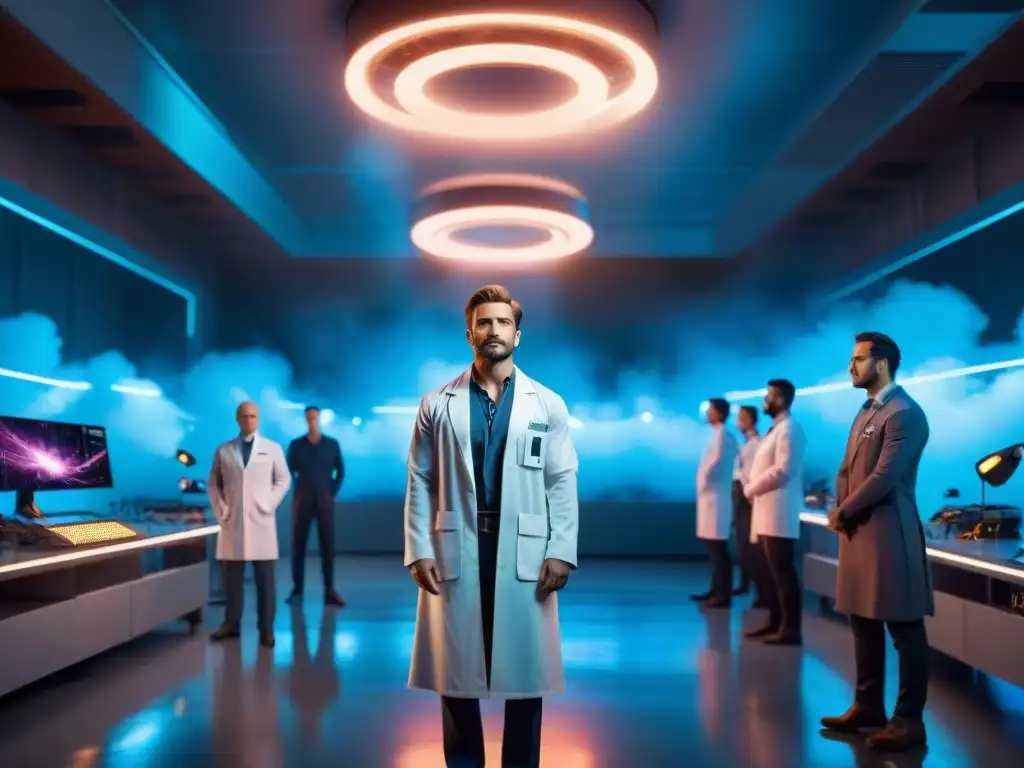Un laboratorio de alta tecnología donde científicos crean superhéroes en una escena llena de energía y transformación