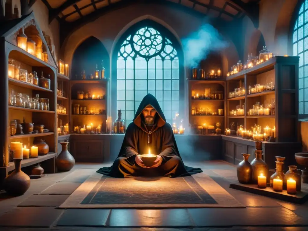 En el laboratorio de un antiguo alquimista, la atmósfera mística y cautivadora invita a descubrir los secretos de la alquimia en la búsqueda eterna