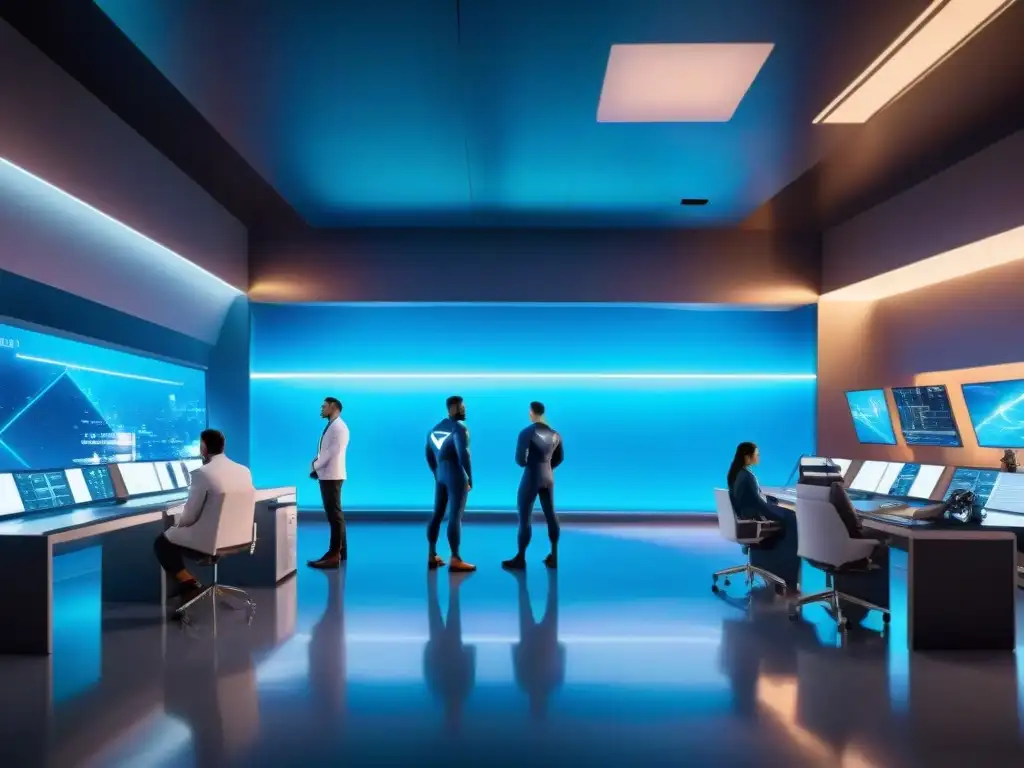 Un laboratorio científico de alta tecnología crea un traje de superhéroe, con un ambiente intenso y enfocado