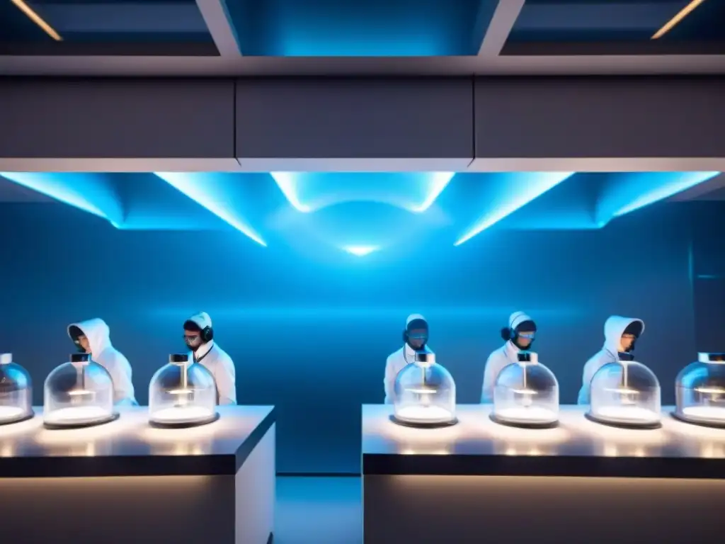 Escena futurista en laboratorio de modificación genética con ADN luminoso Un laboratorio futurista con cápsulas de modificación genética en vidrio y científicos en abrigos blancos trabajando en interfaces avanzadas, rodeados de ADN luminoso