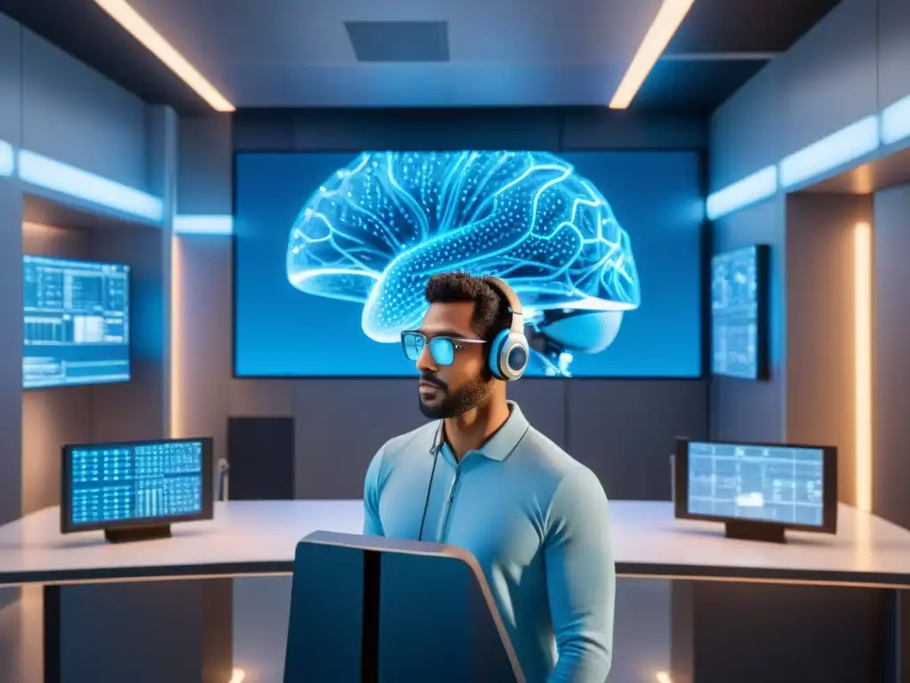 Un laboratorio futurista con científicos usando auriculares de interfaz cerebro-computadora, rodeados de patrones neurales y avatares virtuales