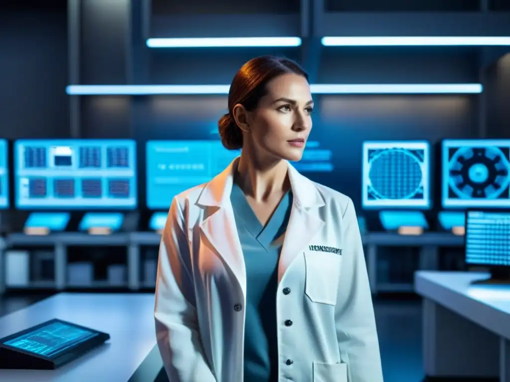 Laboratorio futurista: Genética avanzada y dilemas éticos Un laboratorio futurista con científicos en batas blancas trabajando en equipo, rodeados de tecnología avanzada y estructuras genéticas complejas
