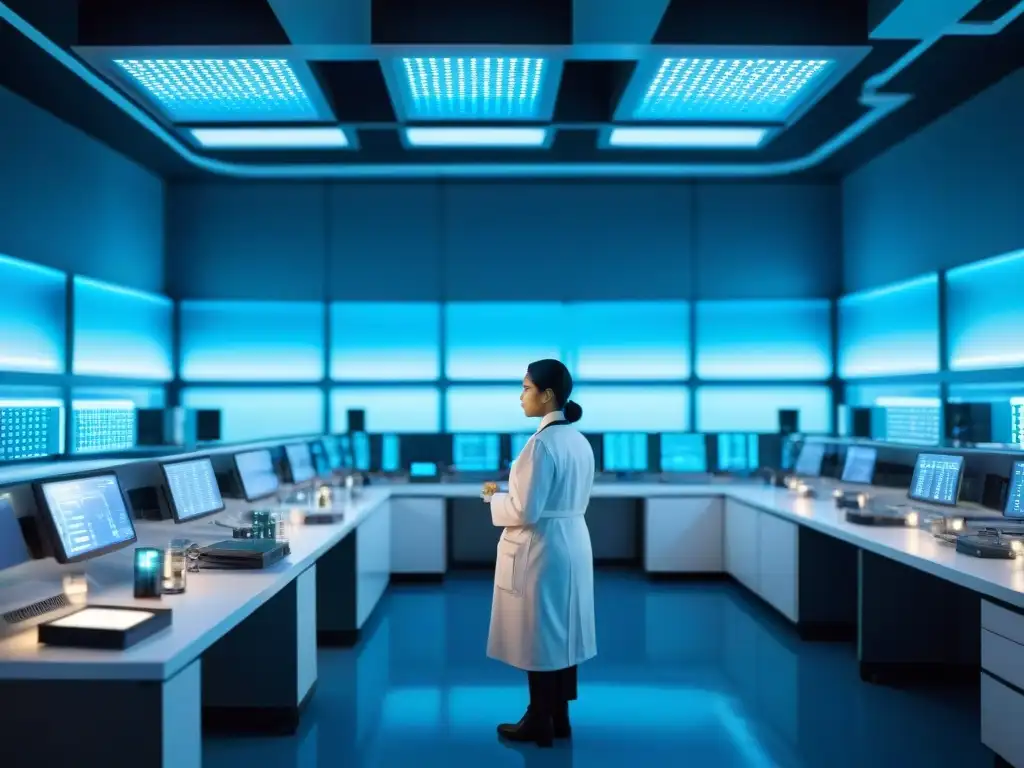 Lab genético futurista: ética y tecnología de vanguardia Un laboratorio futurista con tecnología de modificación genética, científicos y pantallas de ADN, en tonos azules