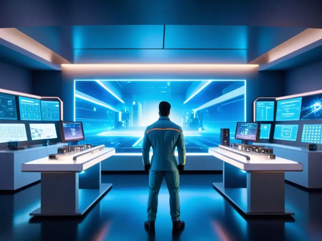 Un laboratorio futurista donde se crea tecnología para superhéroes, con científicos y trajes avanzados