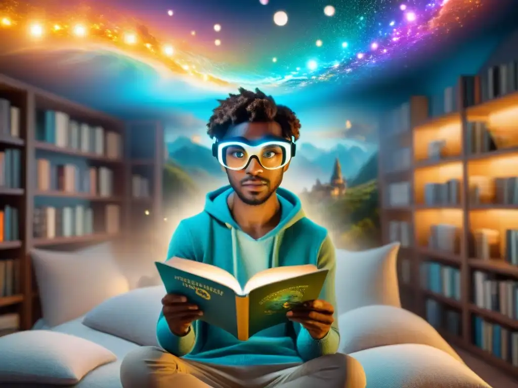 Un lector joven, fascinado, vive en un mundo de fantasía en libros con realidad aumentada