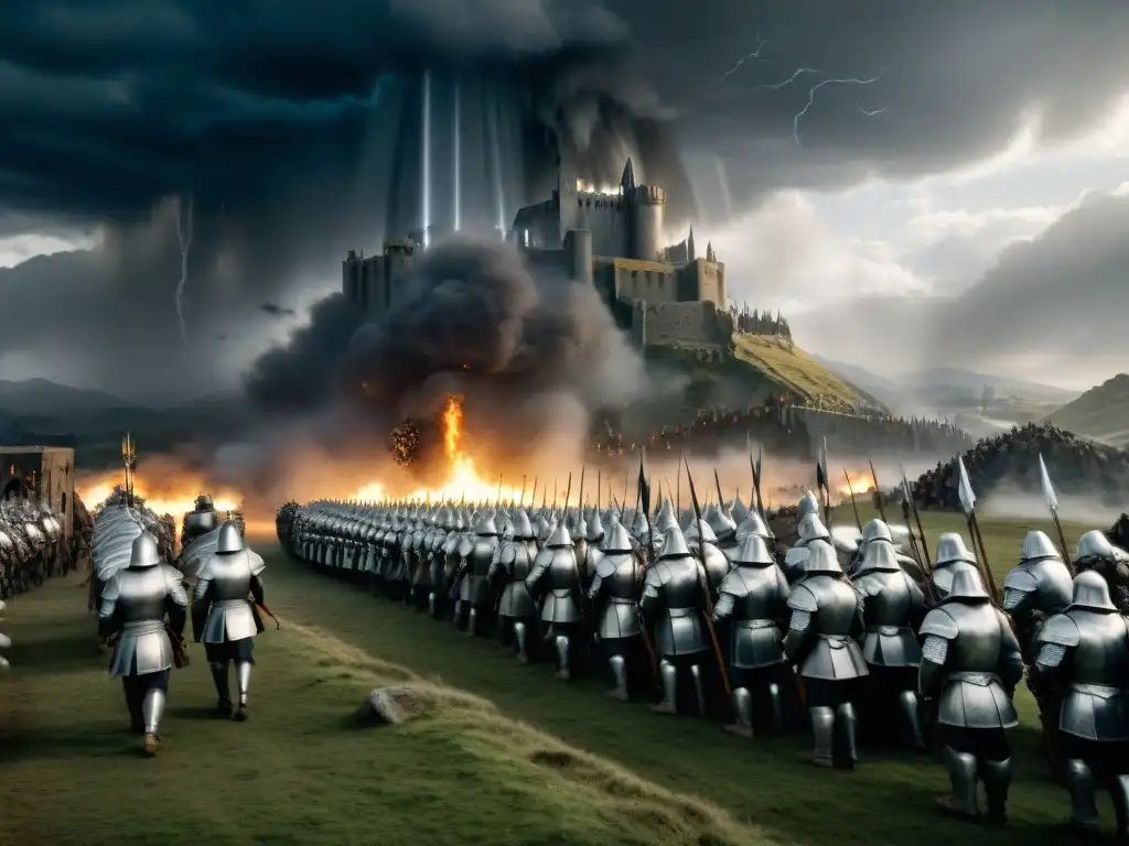 Batalla épica: Gondor bajo asedio oscuro La legendaria ciudad de Gondor bajo asedio, rodeada de fuerzas oscuras