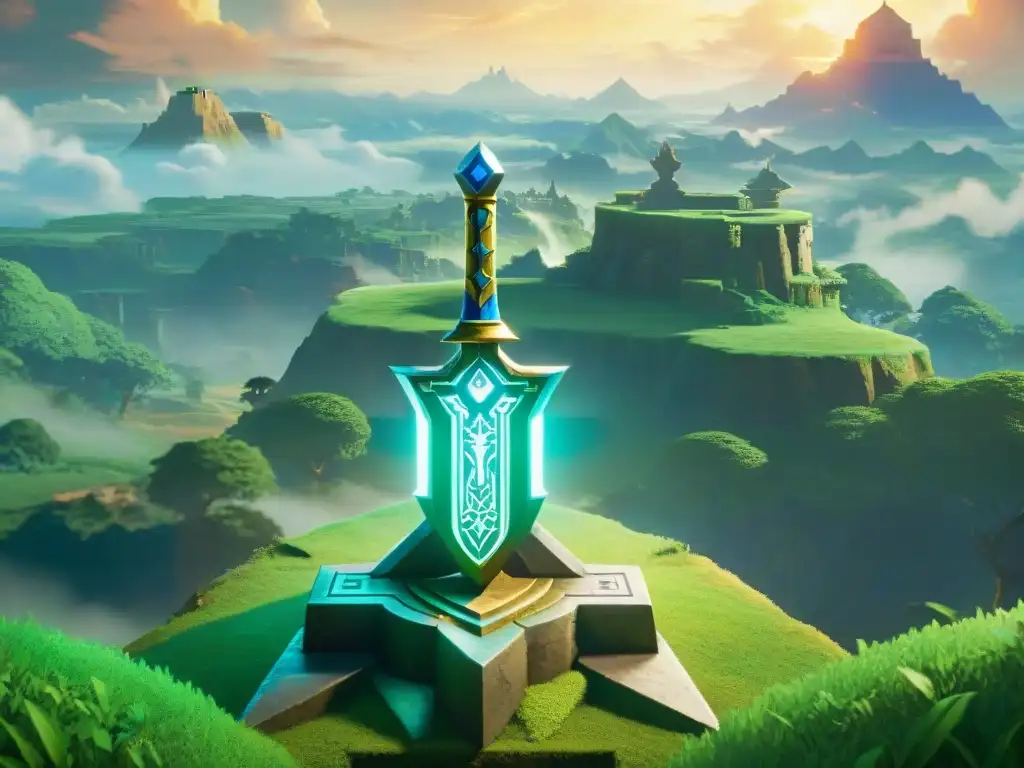 La legendaria Espada Maestra en el Pedestal del Tiempo, en un paisaje de Hyrule