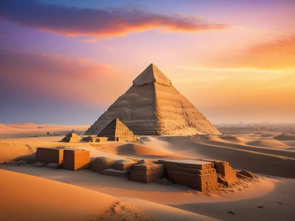 La legendaria Esfinge de Giza al atardecer, con tonos naranjas y morados