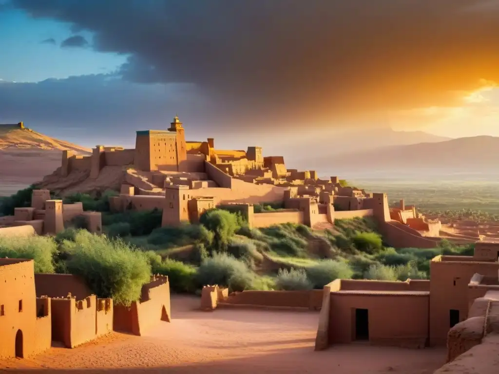 La legendaria kasbah de Ait Benhaddou en Marruecos, con sus intrincadas paredes de arcilla bajo la luz dorada del atardecer