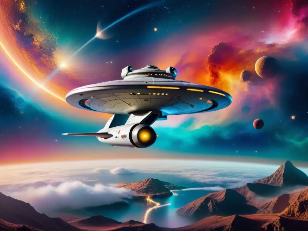 La legendaria nave USS Enterprise de Star Trek explorando una nebulosa vibrante, destacando la economía y ética en Star Trek