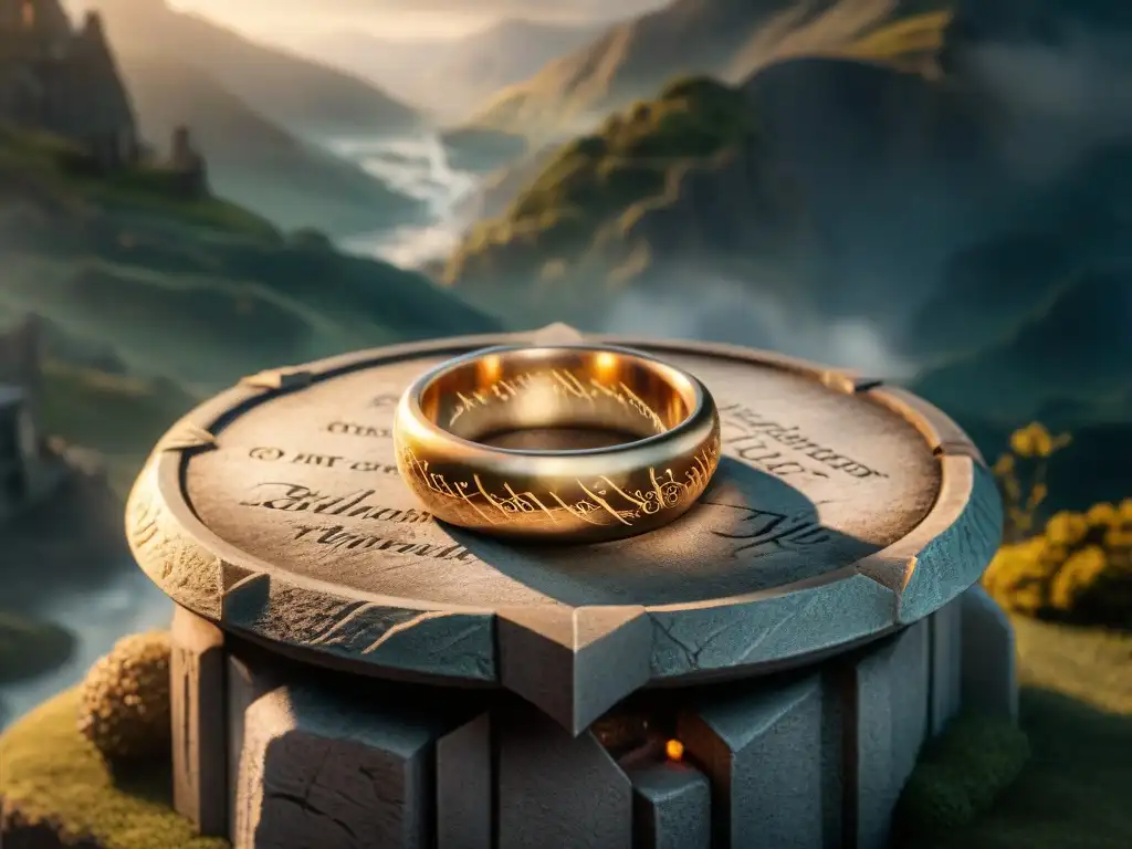 El legendario Anillo Único reposa sobre un pedestal de piedra, rodeado de estandartes de batalla en LOTR