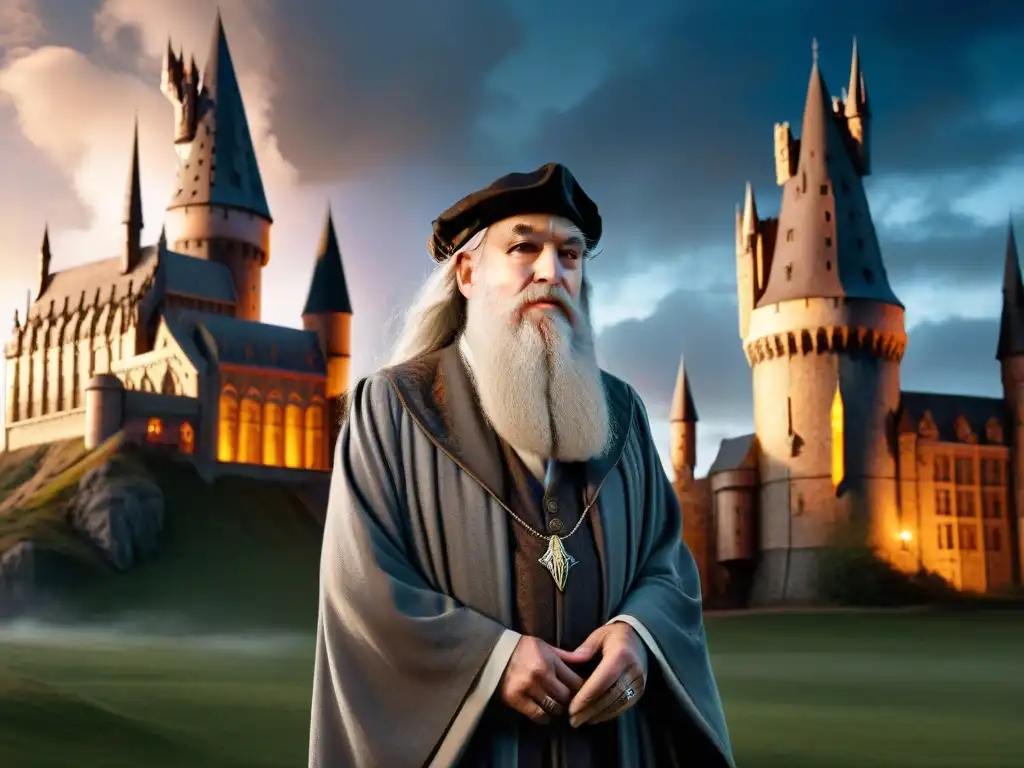 El legendario Albus Dumbledore frente a Hogwarts, proyectando estrategias de liderazgo en el mundo mágico de Harry Potter