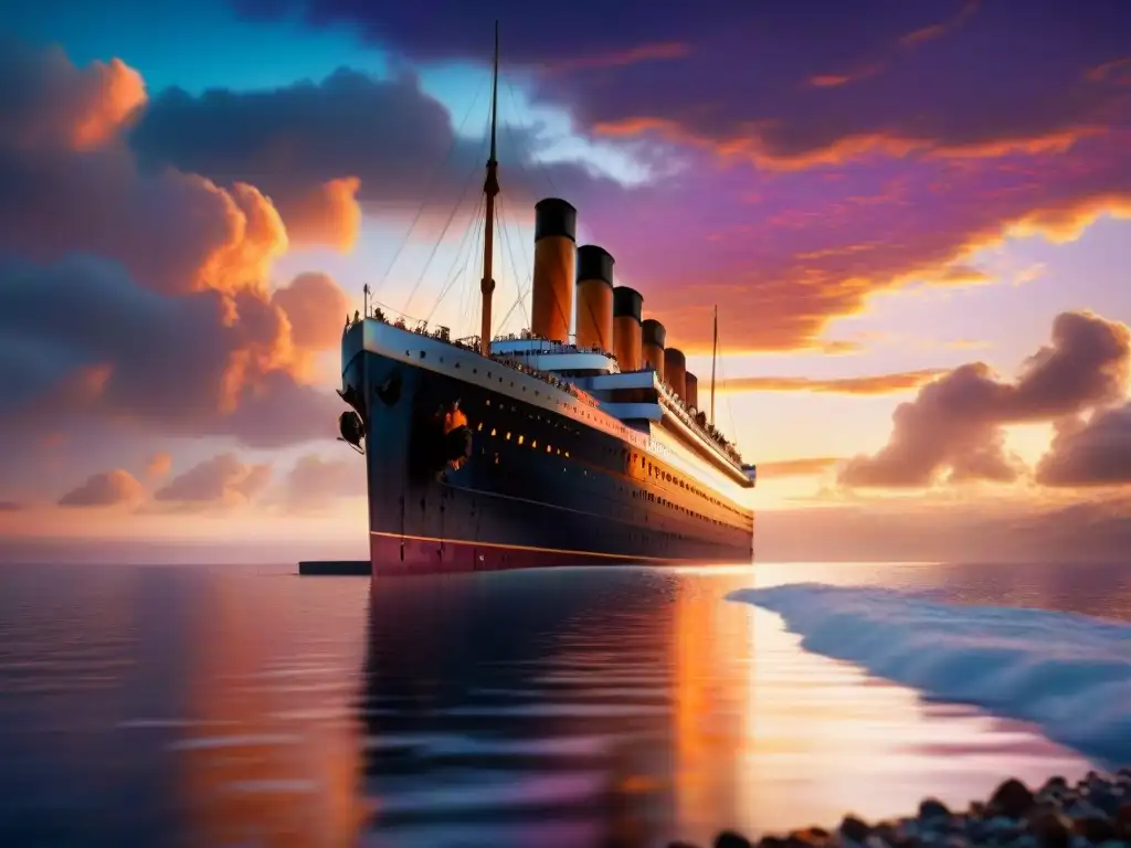 El legendario Titanic al atardecer, reflejándose en el mar, rodeado de un cielo dramático en tonos de naranja, rosa y morado