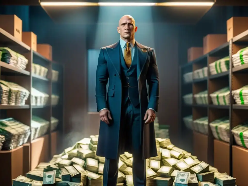 Lex Luthor en una sala lúgubre rodeado de dinero, armas y evidencia criminal