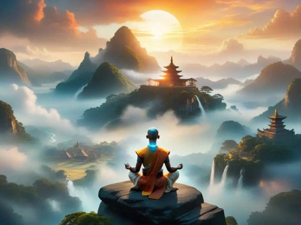 Aang de 'Avatar: La Leyenda de Aang' en serena meditación rodeado de energía espiritual