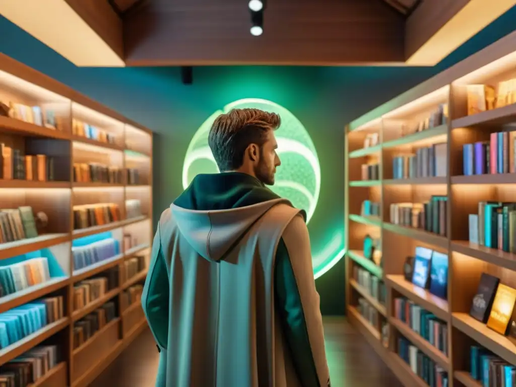 Una librería futurista llena de productos de universos ficticios, con iluminación ambiental y un holograma de merchandising personalizado en universos ficticios