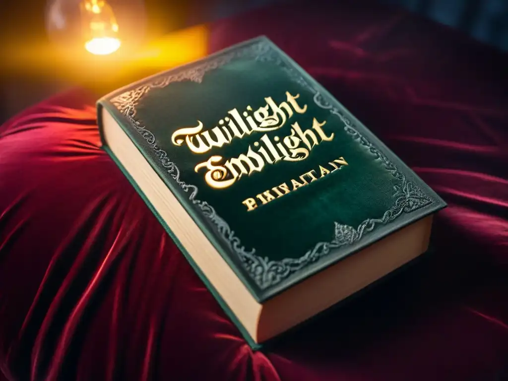 Un libro antiguo y desgastado con detalles góticos, titulado 'Twilight' en letras doradas, rodeado de símbolos misteriosos