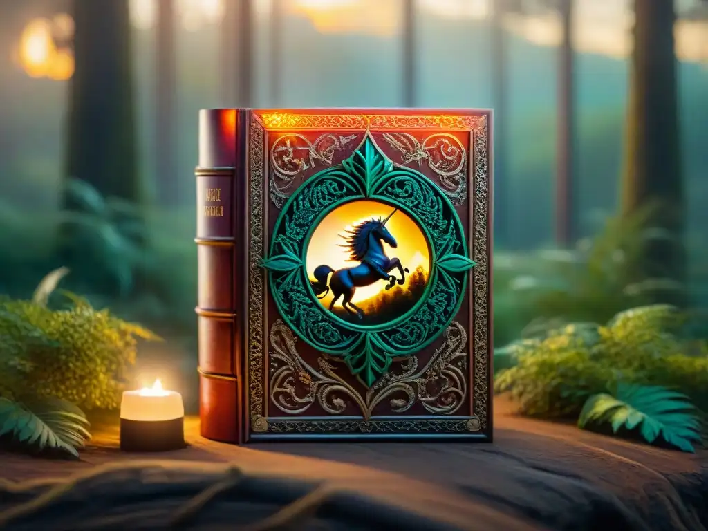 Libro antiguo con criaturas mágicas en bosque encantado Libro antiguo con grabados detallados y luz etérea, en un bosque místico con unicornios y dragones