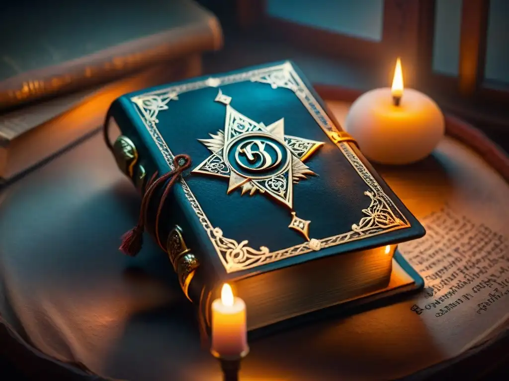 Libro antiguo de hechicería y magia iluminado por una vela en una habitación tenue