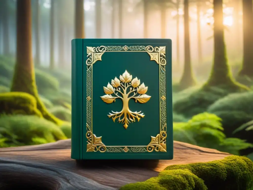 Un libro de cuero con detalles en oro y símbolos fantásticos, en un bosque místico