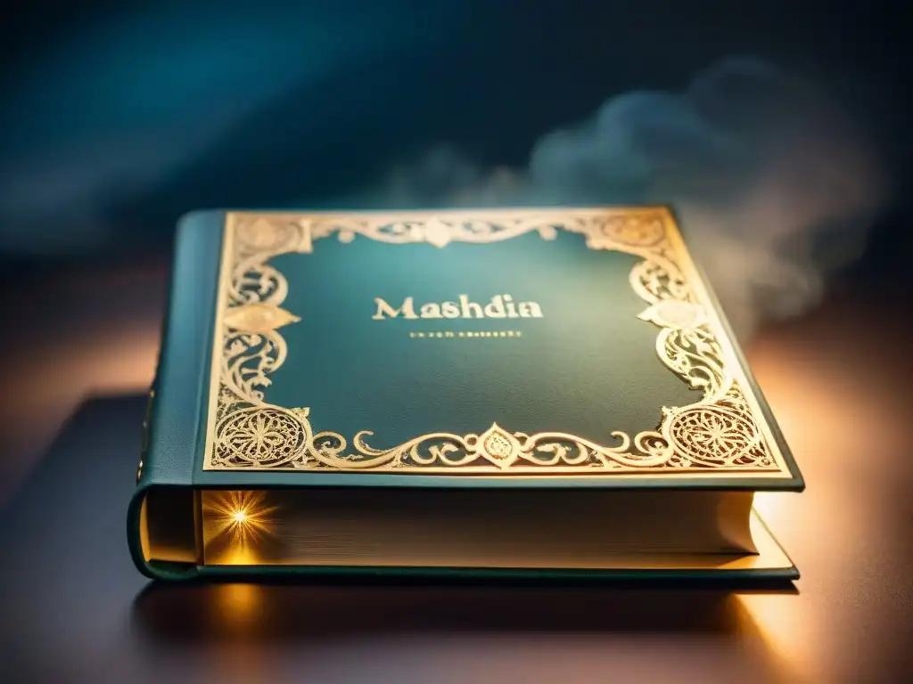 Un libro de cuero ornamentado con detalles en oro, iluminado en la penumbra
