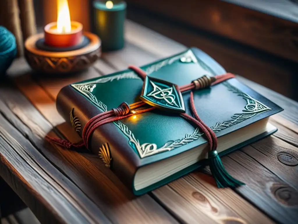 Libro de cuero con runas élficas, plumas y tintas coloridas en mesa de madera iluminada por fuego, evocando atmósfera acogedora de Middle Earth