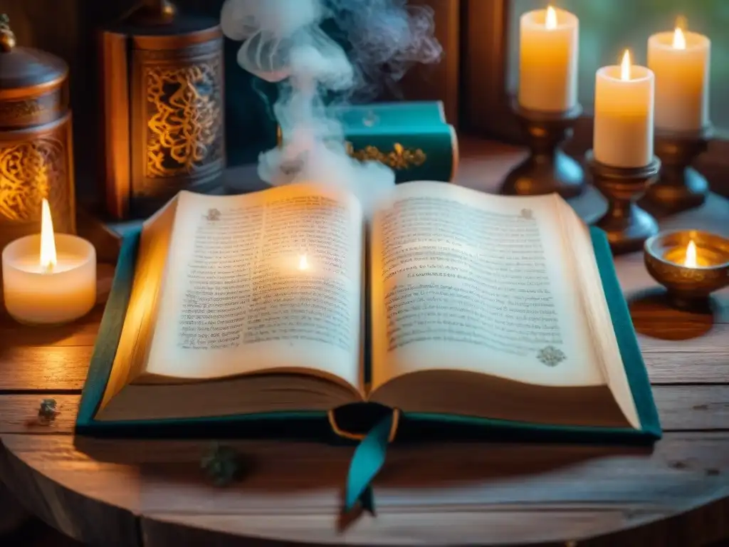 Libro de hechizos antiguo y misterioso Libro de hechizos antiguo sobre mesa de madera iluminado por velas, con símbolos místicos