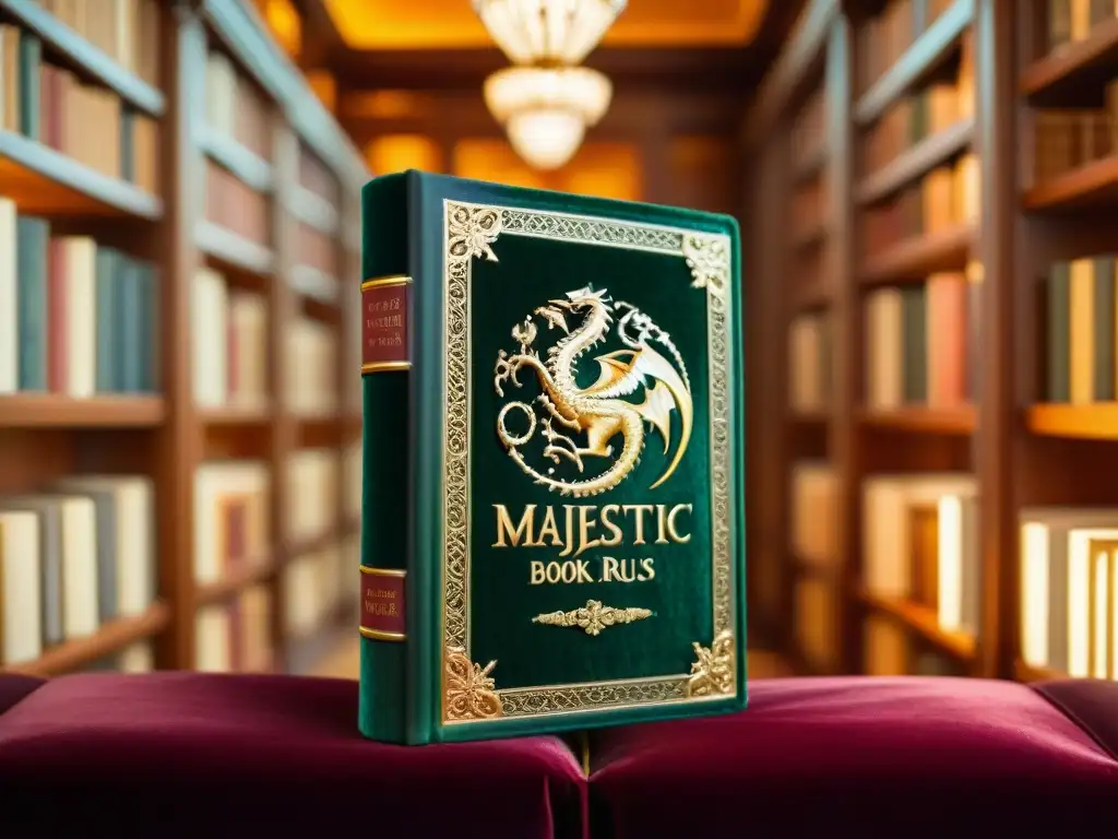 Un libro de fantasía de lujo con dragón dorado y runas en una biblioteca opulenta