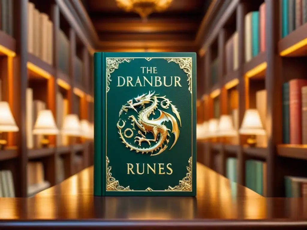 Un libro de fantasía de lujo con dragones y runas místicas en una biblioteca grandiosa