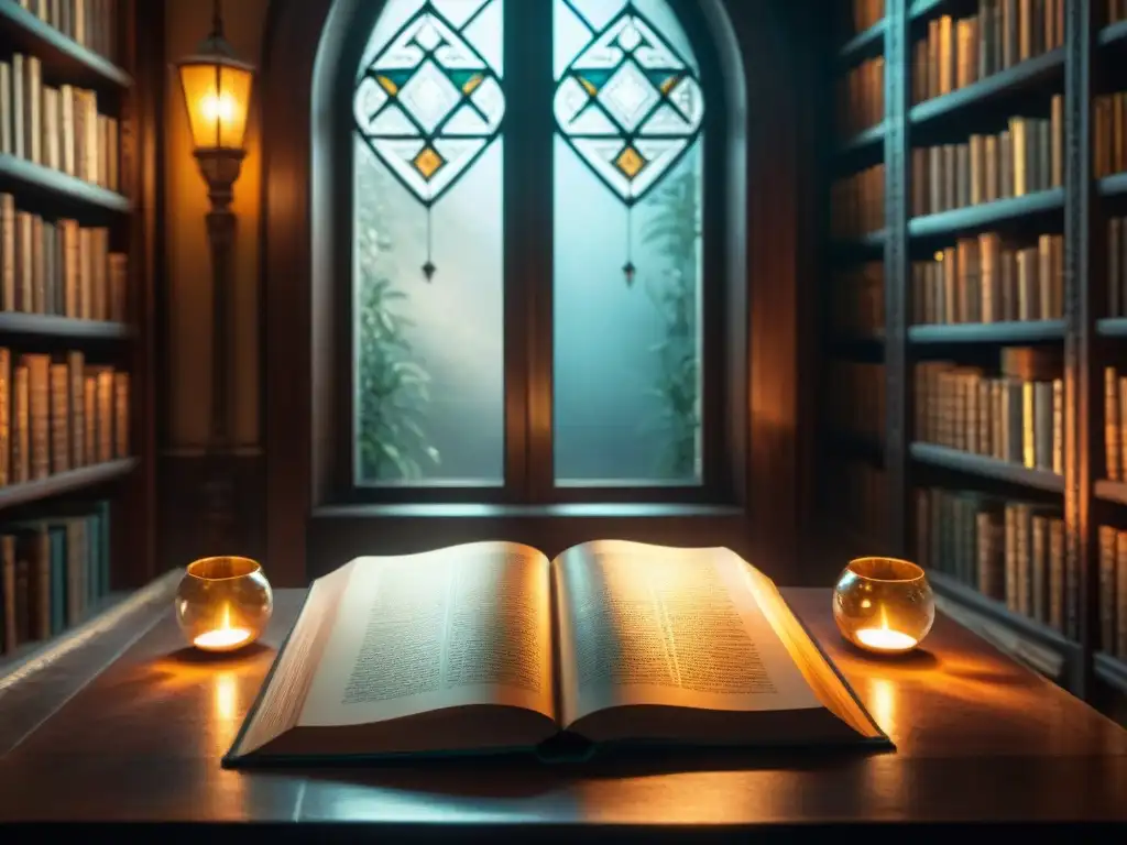 Libro majestuoso rodeado de artefactos místicos en una biblioteca antigua, iluminado por luz etérea