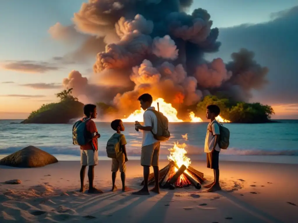 Un líder sostiene una caracola en un grupo de chicos en una isla desierta al atardecer, reflejando crisis y liderazgo en literatura ficticia