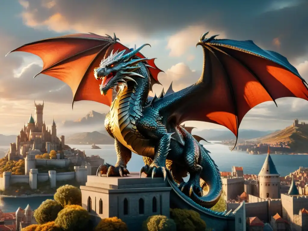 Un líder Targaryen triunfante sobre un majestuoso dragón en King's Landing