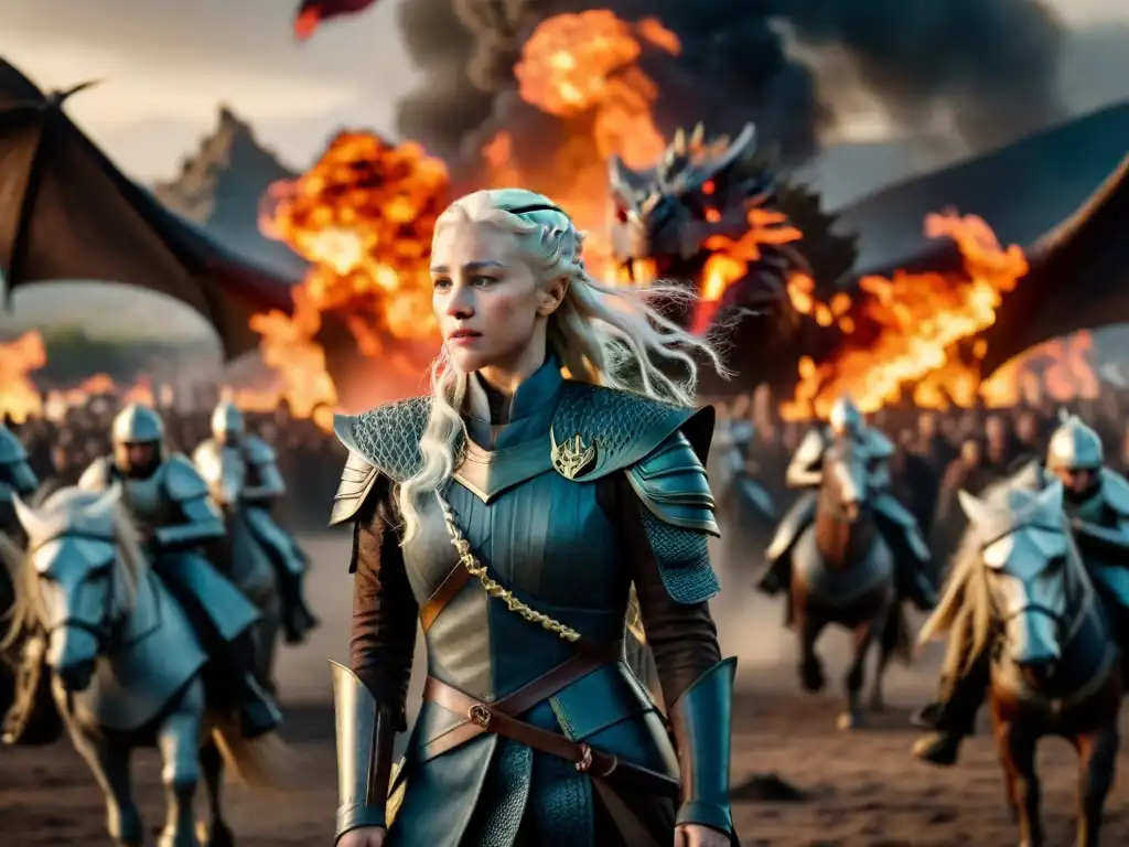 Liderazgo femenino en tiempos de guerra: Daenerys Targaryen montada en Drogon, dirige su ejército con determinación en un campo de batalla en llamas