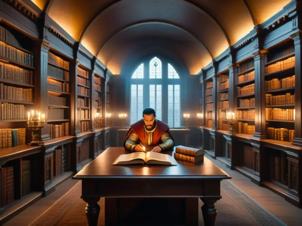 Un linguista forense en narrativas fantasía explora una biblioteca medieval iluminada por una vela, repleta de libros antiguos y pergaminos