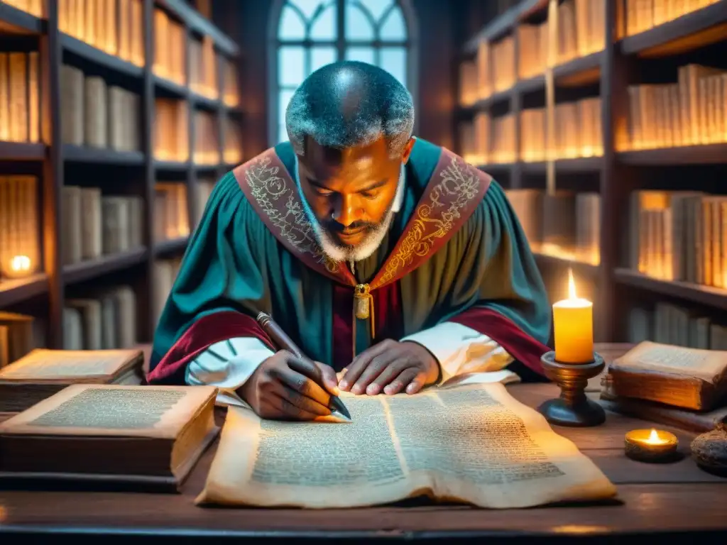 Un lingüista forense explora pergaminos antiguos con runas en una biblioteca medieval, bajo la luz de las velas