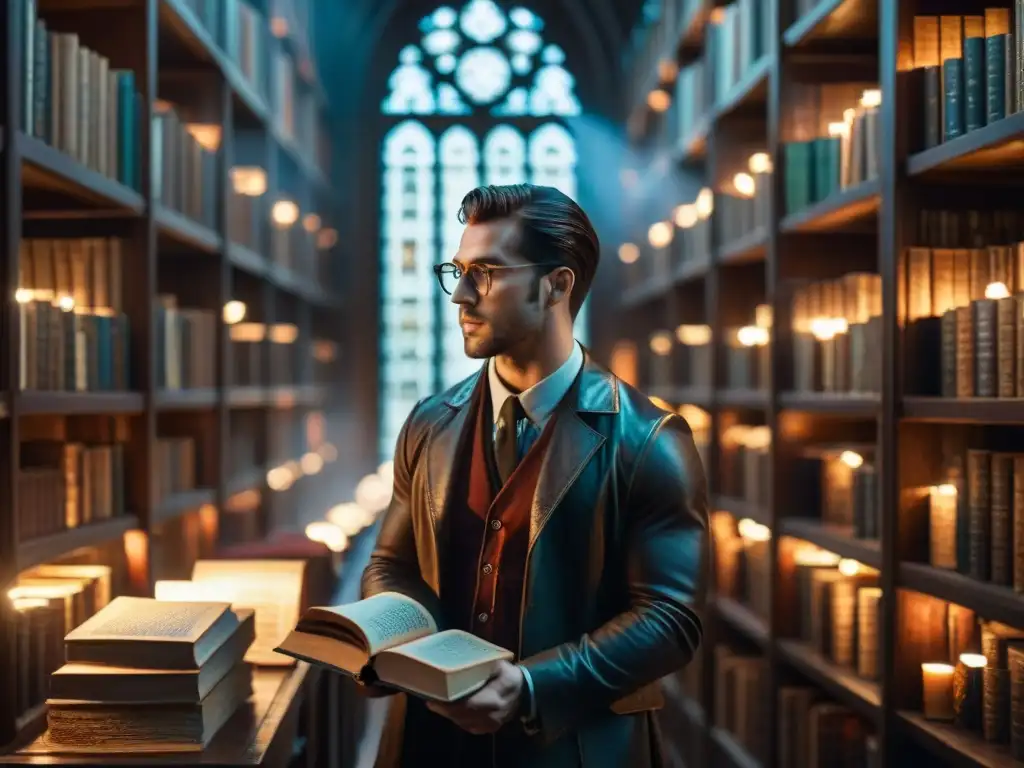 Un lingüista interpreta símbolos en un libro antiguo en una biblioteca misteriosa