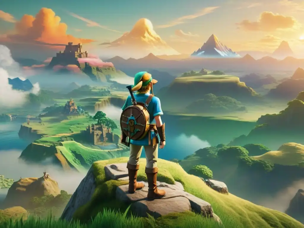 Link en un acantilado de Hyrule, ante un paisaje diverso y misterioso bajo un cielo vibrante al atardecer