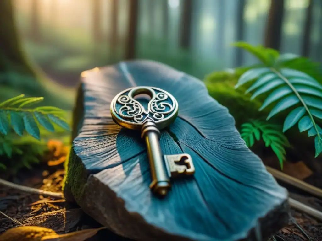 Llave antigua de plata con runas brillantes en un bosque mágico iluminado por la luna