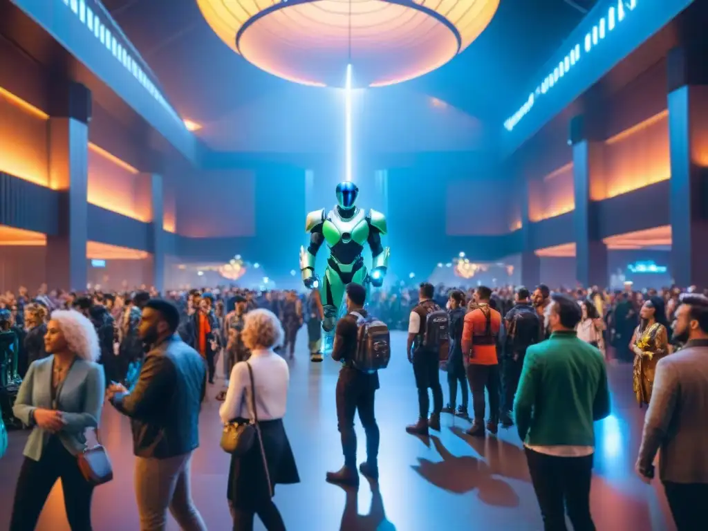 Convención sci-fi: Cosplayers bajo neones futuristas Convención llena de cosplayers de ciencia ficción bajo luces neón vibrantes