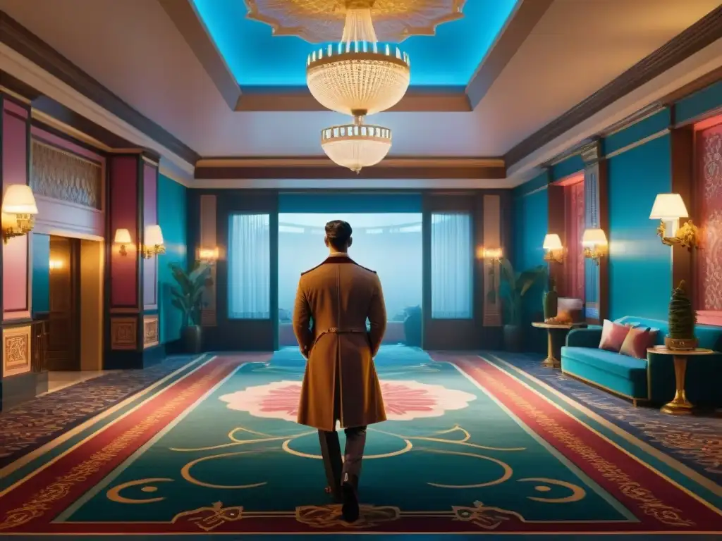 Un lobby de hotel extravagante y mágico, rico en detalles ornamentados que evocan 'El Gran Hotel Budapest'